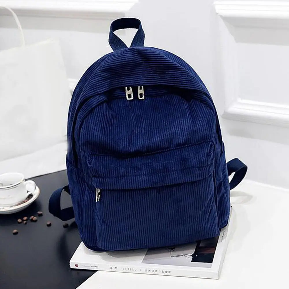 Women Solid Corduroy Large Capacity Student Backpack