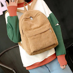 Women Solid Corduroy Large Capacity Student Backpack