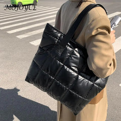 Women Space Padded Nylon Top-handle Bag Solid Zipper Shoulder Bag