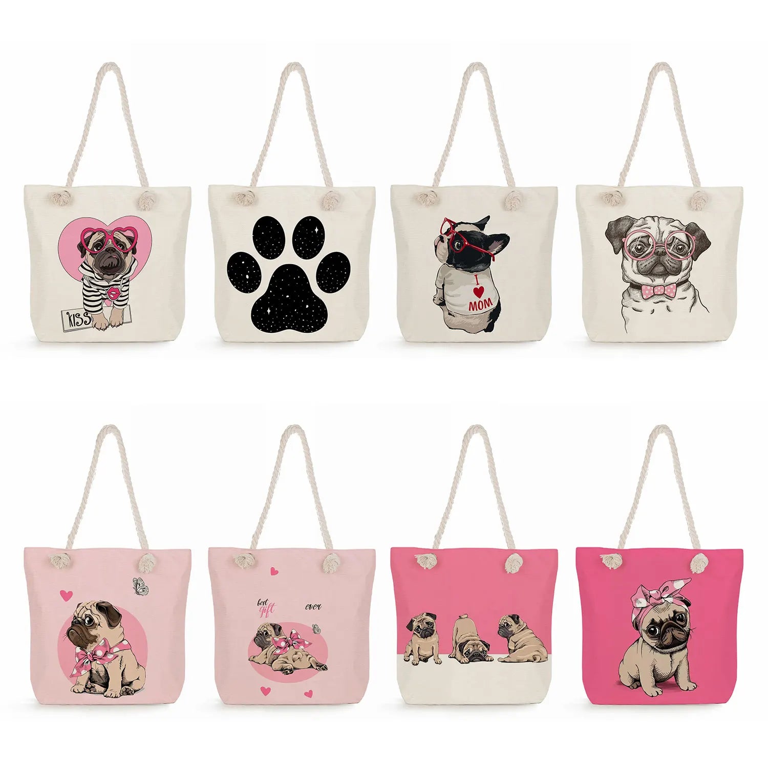 Women Star Dog Paw Handbags Pug Cartoon Print High Capacity Tote Bag