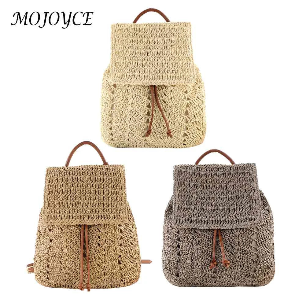 Women Straw Backpack Shoulders Bag Woven Casual Beach Top Handle Bags