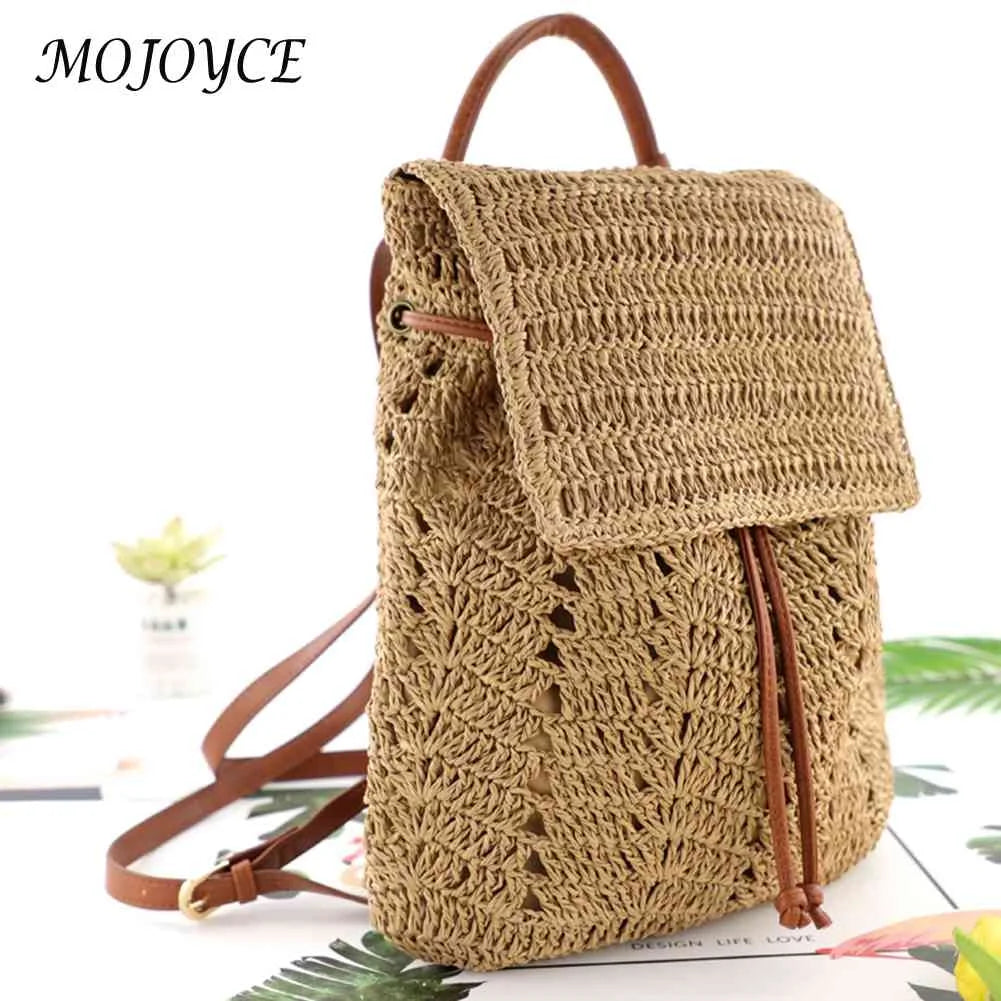 Women Straw Backpack Shoulders Bag Woven Casual Beach Top Handle Bags