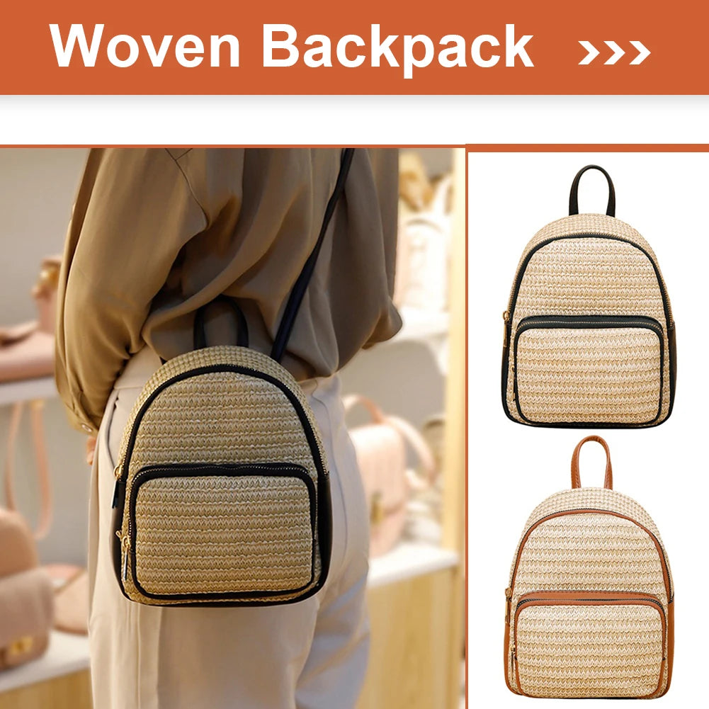 Women Straw Backpack Summer Beach Hand-Woven Leather Schoolbags