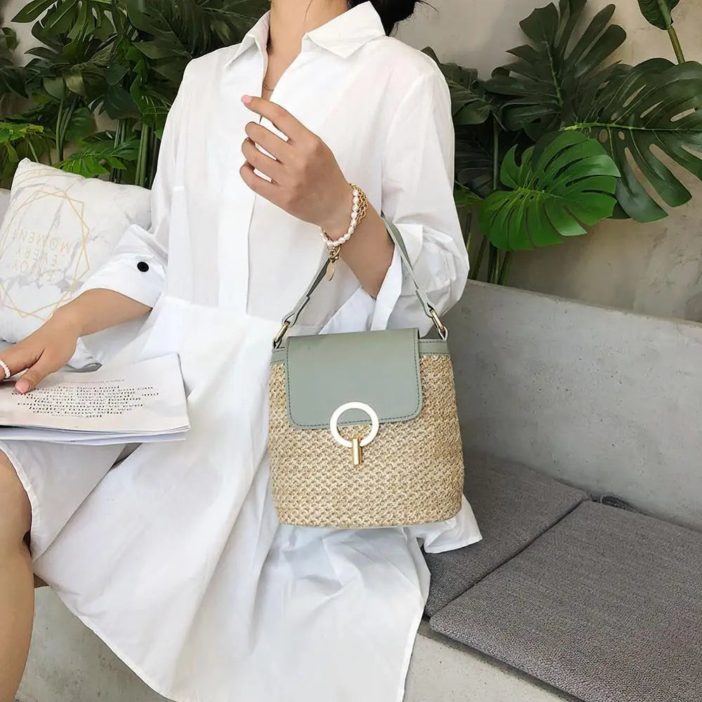 Straw Weave Shoulder Bags for Women Summer Bucket Handbags Beach Totes