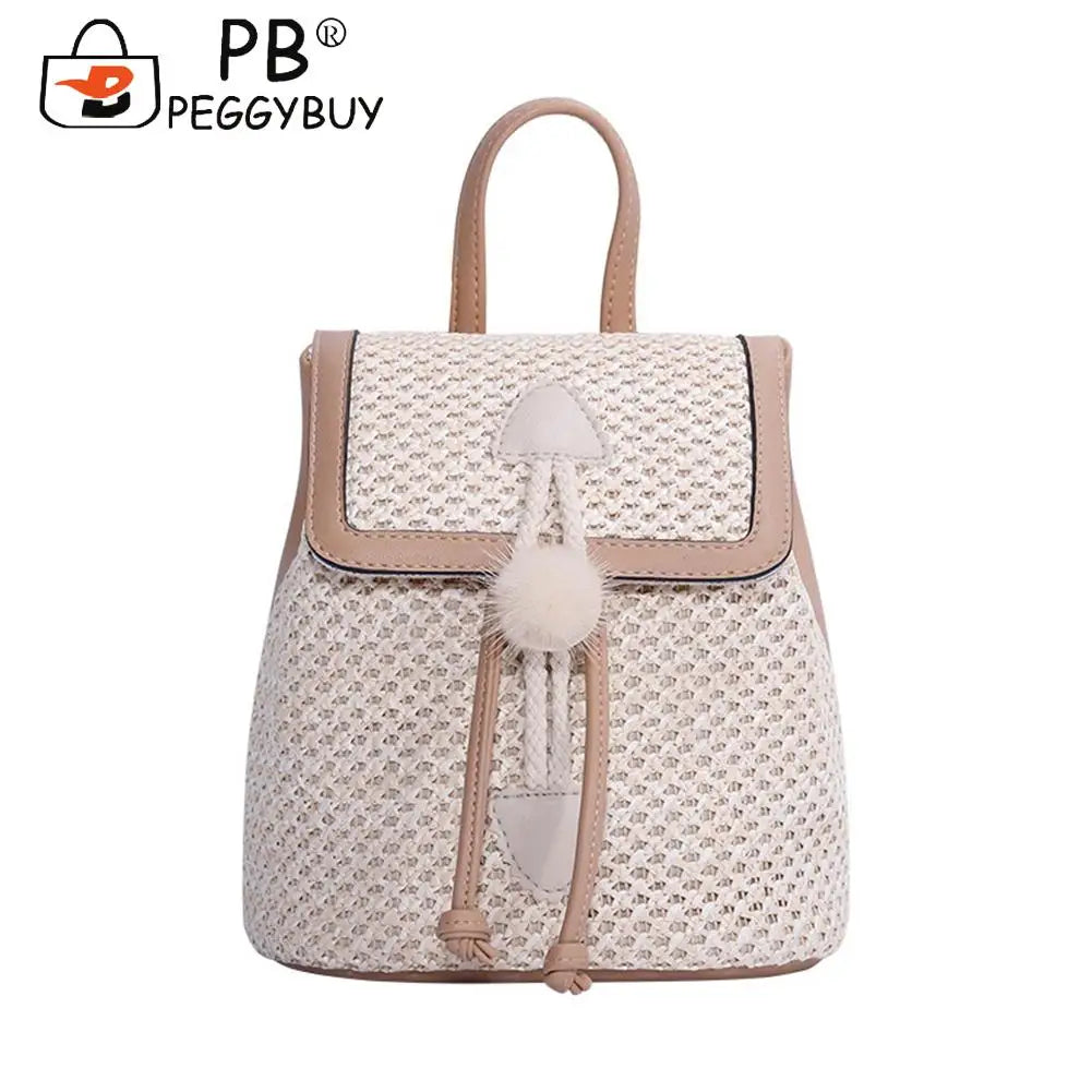 Women Straw Woven Backpack Leather Splicing Daypack for Traveling Shopping