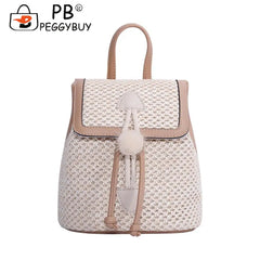 Women Straw Woven Backpack Leather Splicing Daypack for Traveling Shopping