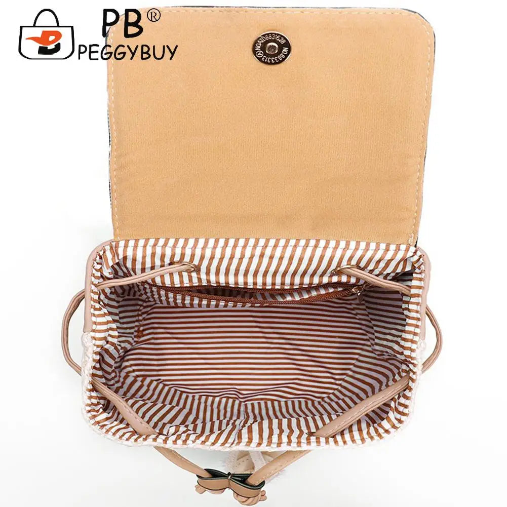 Women Straw Woven Backpack Leather Splicing Daypack for Traveling Shopping