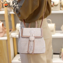 Women Straw Woven Backpack Leather Splicing Daypack for Traveling Shopping