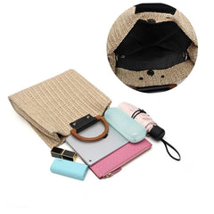 Straw Woven Beach Bag Wooden Handle Shoulder Messenger Resort Style Handbag