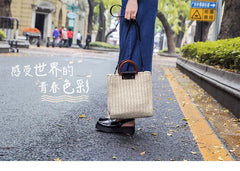 Straw Woven Beach Bag Wooden Handle Shoulder Messenger Resort Style Handbag