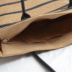 Women Straw Woven Stripe Basket Bag Large Capacity Hand-Woven Handbags
