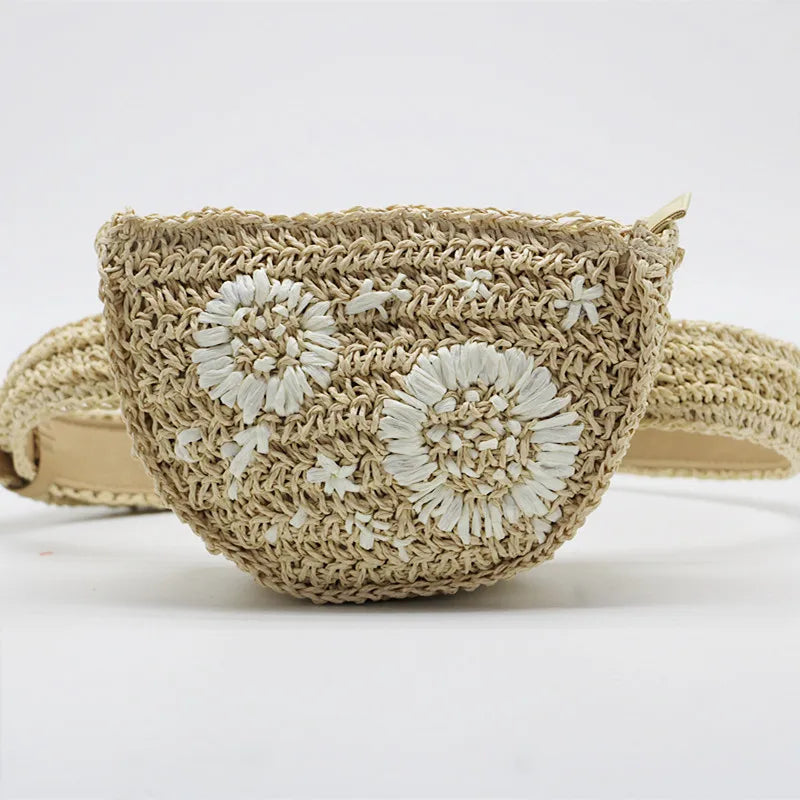 Women Straw-weaving Waist Packs Girls Mini Semicircle Chest Bag