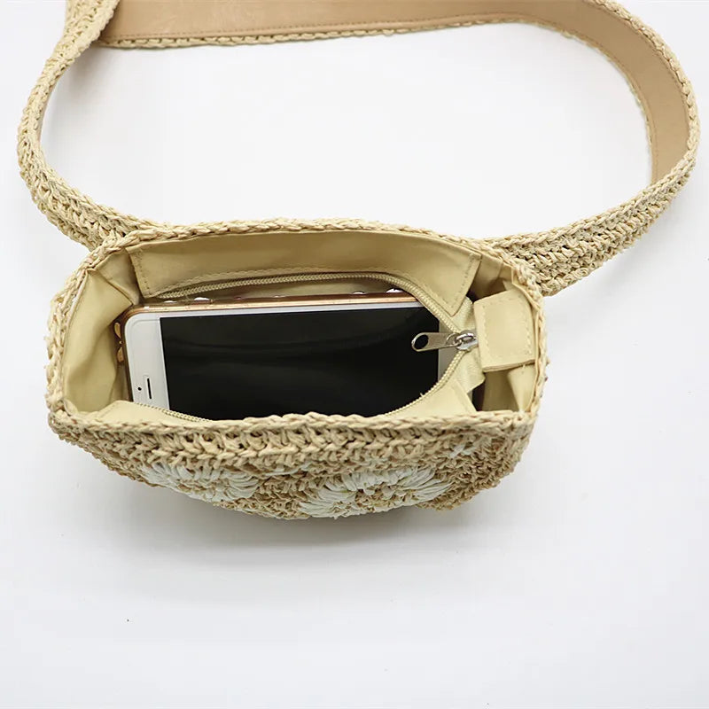 Women Straw-weaving Waist Packs Girls Mini Semicircle Chest Bag