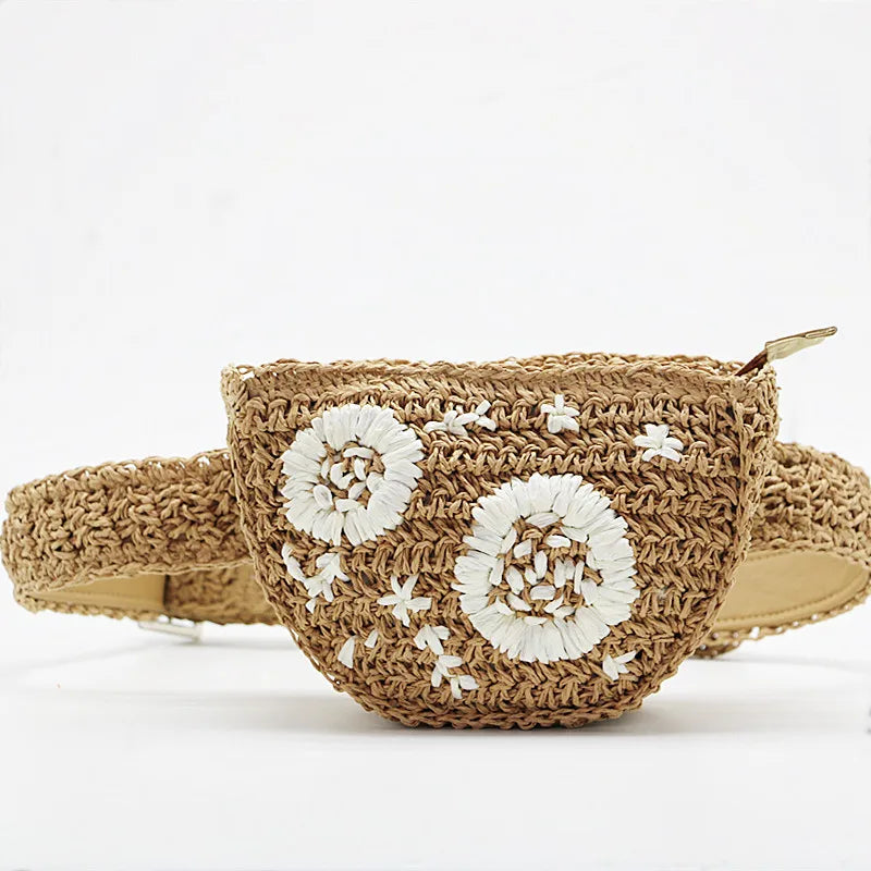 Women Straw-weaving Waist Packs Girls Mini Semicircle Chest Bag