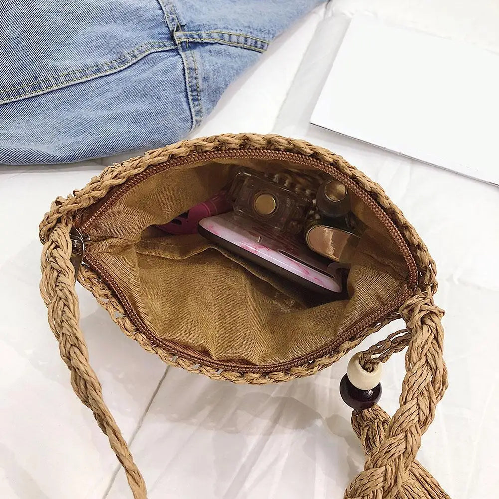 Women Straw Messenger Bag Hollow Out Woven Shoulder Tassel Crossbody Beach