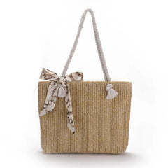 Straw Shoulder Bag with Silk Scarf, Lightweight Tote Purse for Women