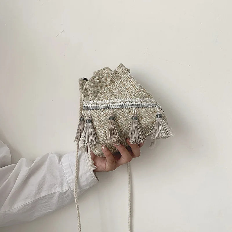 Chinese Style Tassel Bucket Bag Small Handbag