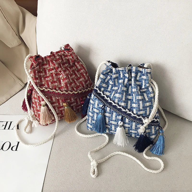 Chinese Style Tassel Bucket Bag Small Handbag