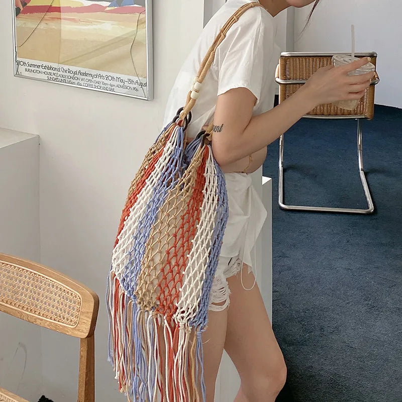 Women Tassel Woven Bag Summer Beach Shoulder Bags Casual Straw Handbag