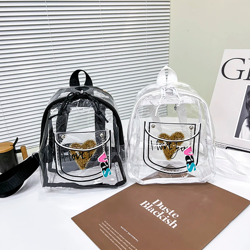 Women Transparent Backpack Love Print PVC Waterproof Clear Travel Shoulder
