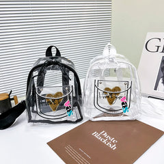 Women Transparent Backpack Love Print PVC Waterproof Clear Travel Shoulder