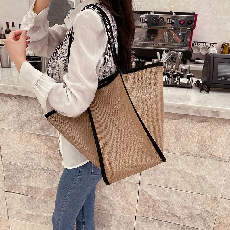 Women Mesh Shoulder Bag Large Capacity Beach Bag Travel Handbag