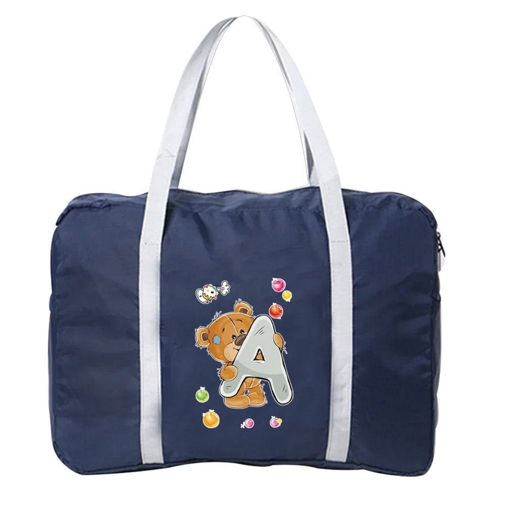 Women Travel Bags Bear Letter Print Foldable Large Capacity Luggage Bag