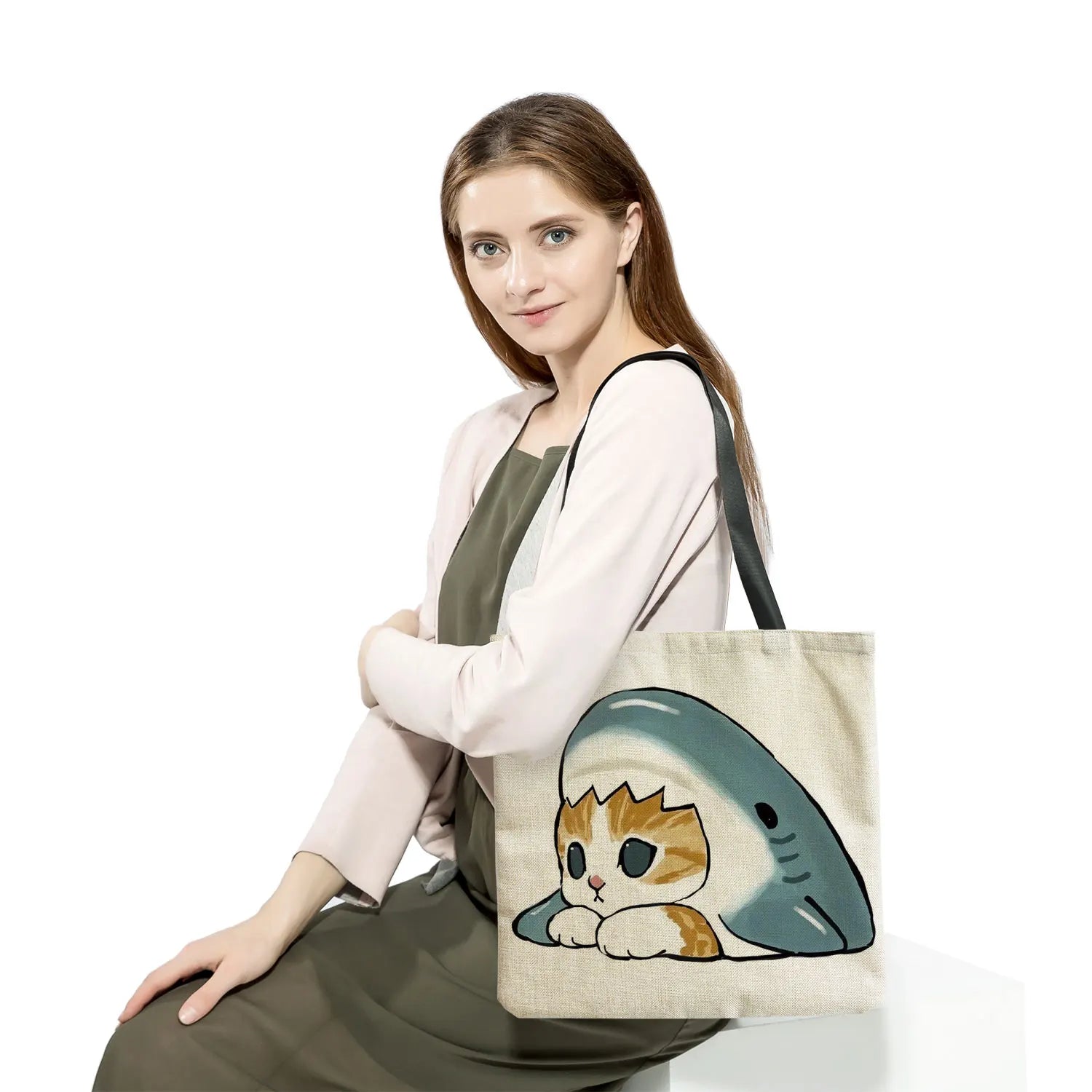 Shark Cat Print Tote Bag Shoulder Bag Customizable Eco Friendly
