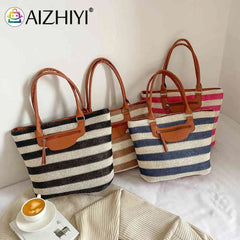Women Underarm Bag Large Capacity Knit Handbag Striped Zipper Soft