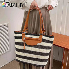 Women Underarm Bag Large Capacity Knit Handbag Striped Zipper Soft