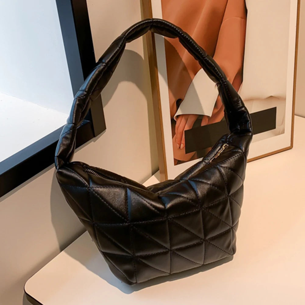 Women Underarm Bag Quilted Rhombus Pattern Solid PU Leather Shoulder Bag