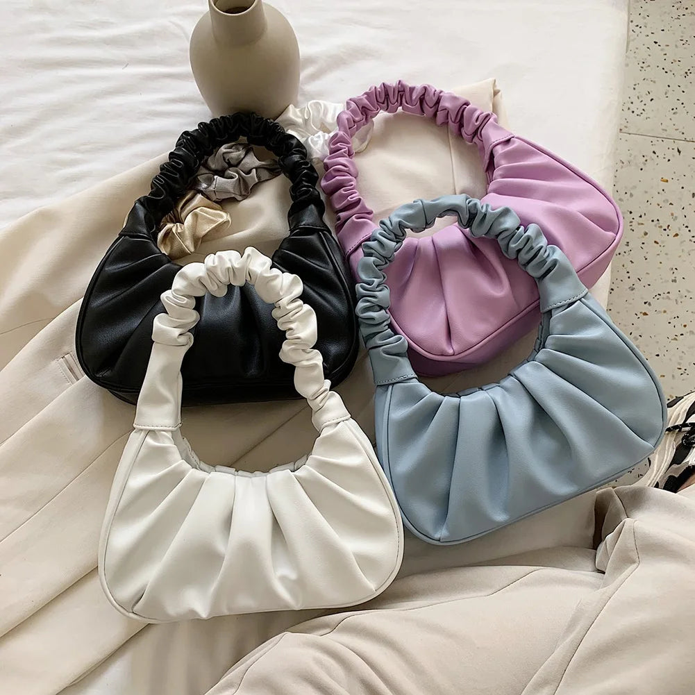 Women Underarm Bags Soft PU Leather Handbags Solid Top-Handle Bags