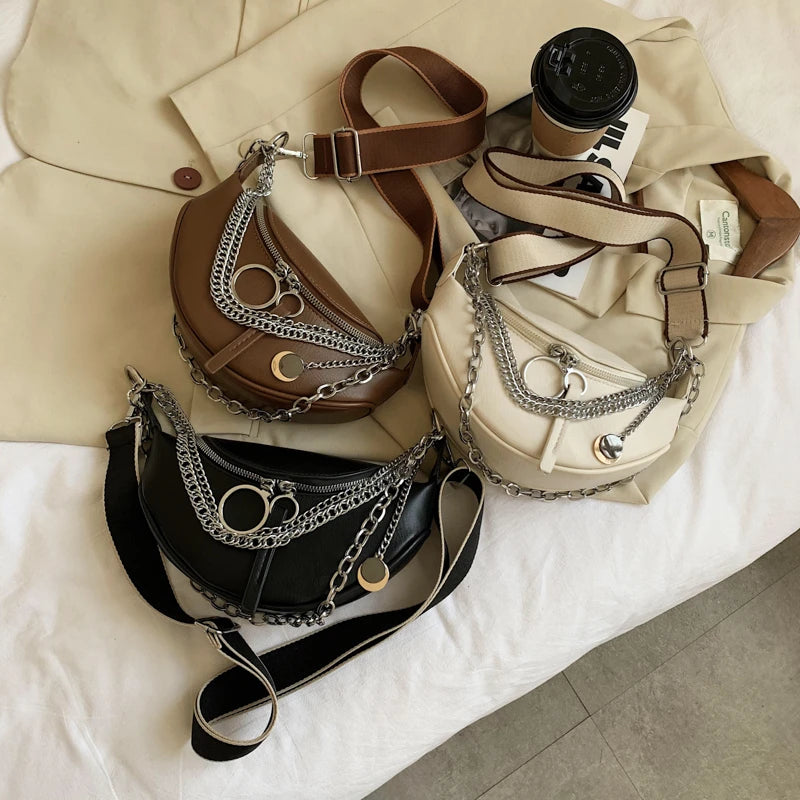 Leather Waist Bag Chain Crossbody Chest Phone Pack