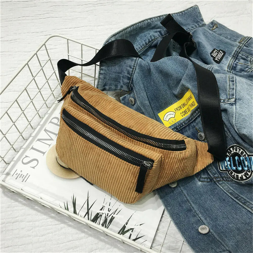 Women Canvas Waist Bag Brown Phone Chest Pack