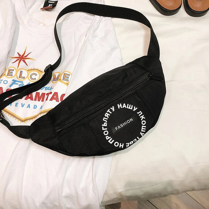 Women Waist Bag Letter Nylon Waterproof Shoulder Banana Bag