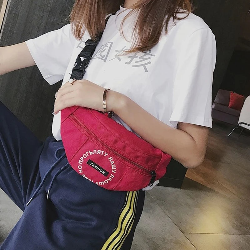 Women Waist Bag Letter Nylon Waterproof Shoulder Banana Bag