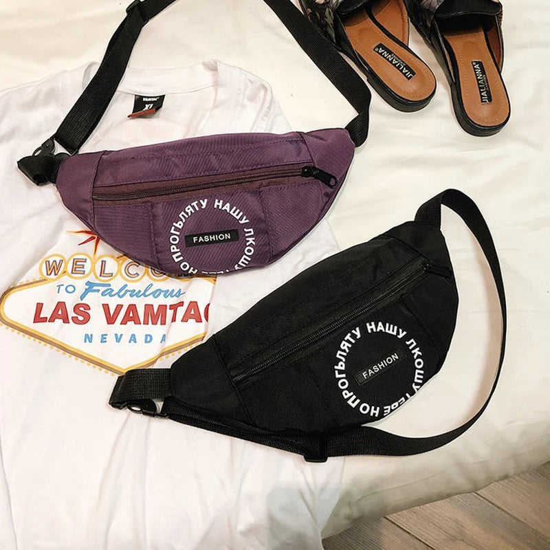 Women Waist Bag Letter Nylon Waterproof Shoulder Banana Bag