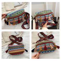 Women Fringed Woven Shoulder Bag Ethnic Crossbody Bag Wide Shoulder Strap