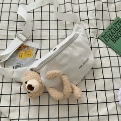 Women Canvas Waist Bag Chest Crossbody Teddy Bear Zipper Crossbody Bag