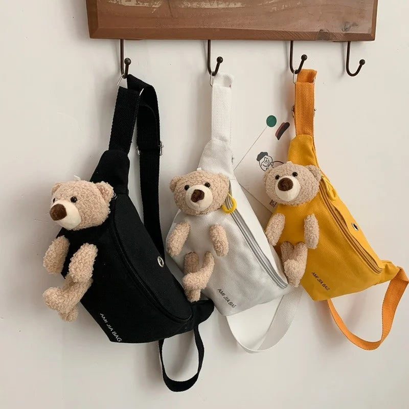 Women Canvas Waist Bag Chest Crossbody Teddy Bear Zipper Crossbody Bag