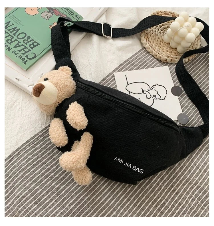 Women Canvas Waist Bag Chest Crossbody Teddy Bear Zipper Crossbody Bag