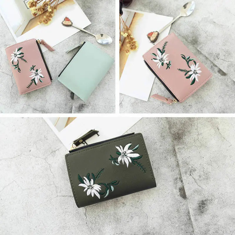 Women Wallet PU Leather Print Flower Cash Pocket Clutch Short Purse