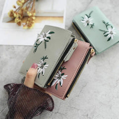 Women Wallet PU Leather Print Flower Cash Pocket Clutch Short Purse