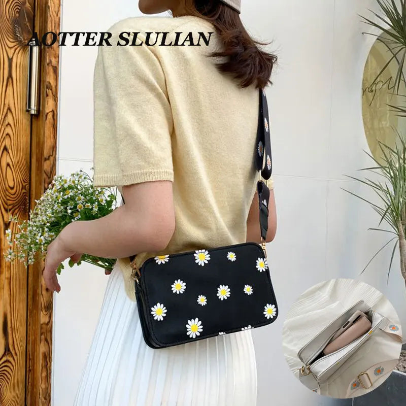 Women Flower Print Shoulder Bag Zipper Crossbody Handbag Classic Wallet