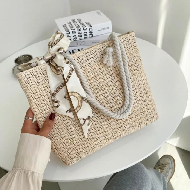 Women Straw Shoulder Bag Large Capacity Stylish Tote Handbag