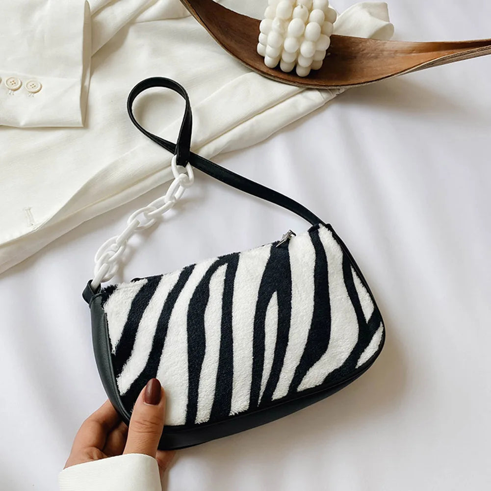 Winter Plush Handbag Animal Printed Chain Shoulder Underarm Bag