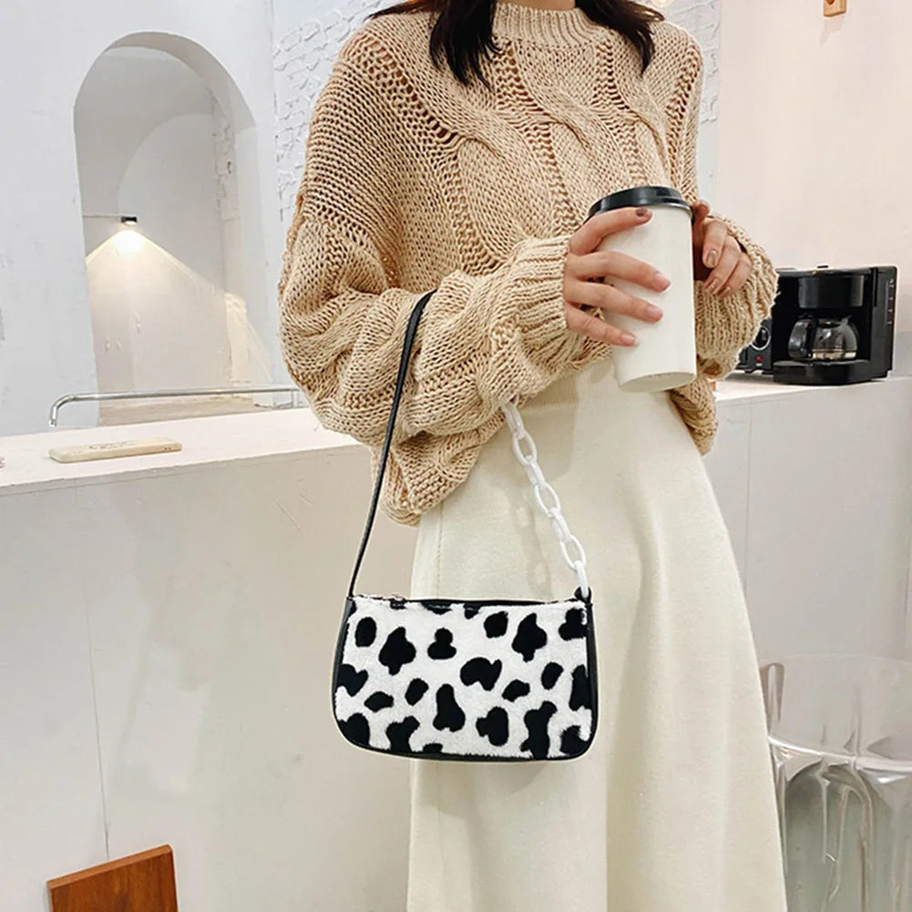 Winter Plush Handbag Animal Printed Chain Shoulder Underarm Bag