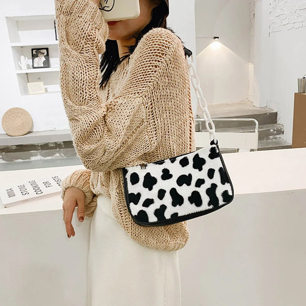 Winter Plush Handbag Animal Printed Chain Shoulder Underarm Bag