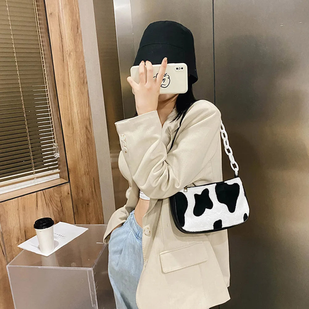 Winter Plush Handbag Animal Printed Chain Shoulder Underarm Bag