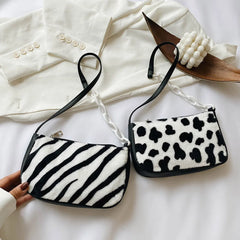 Winter Plush Handbag Animal Printed Chain Shoulder Underarm Bag